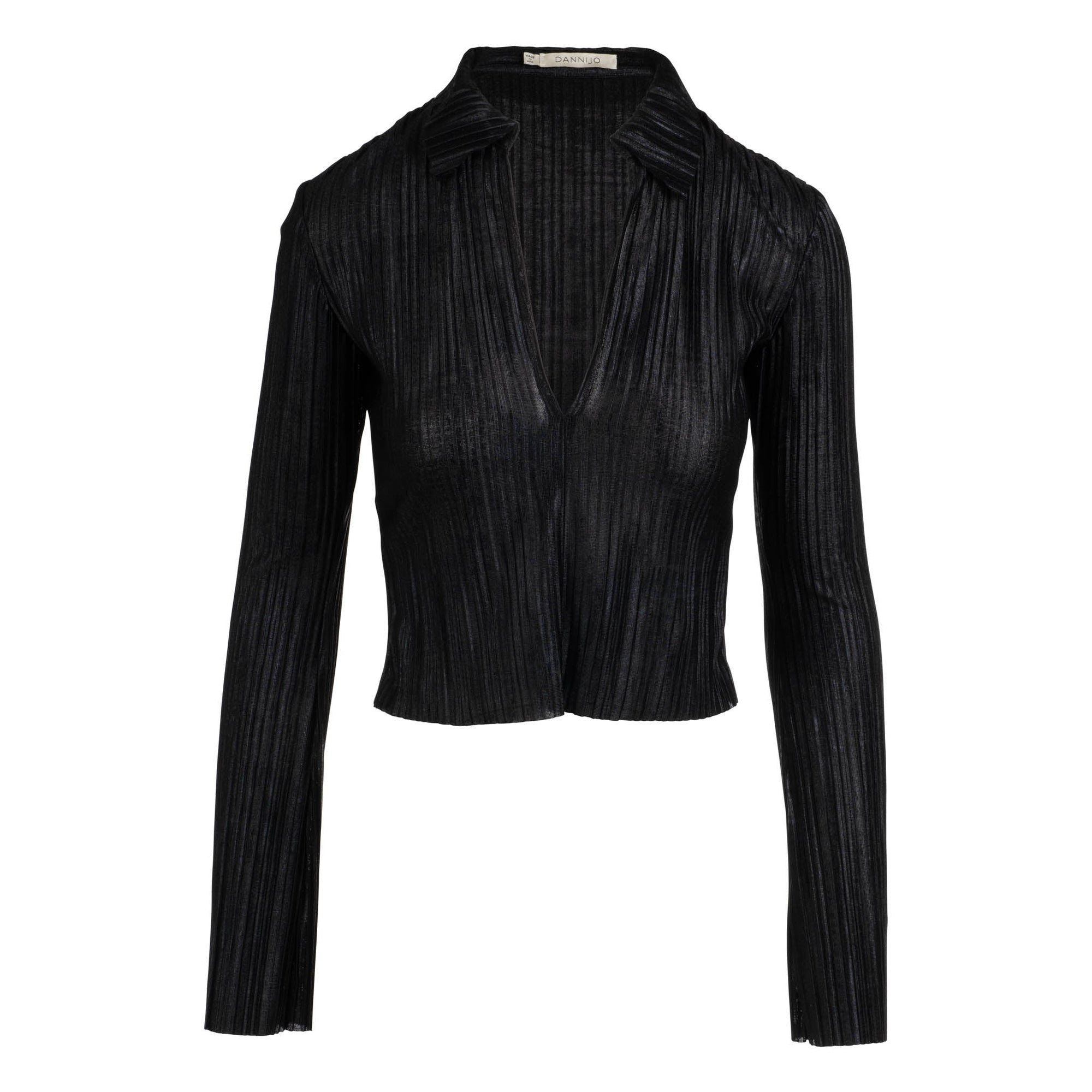 Long Sleeve Pleated Polo Top | Noir