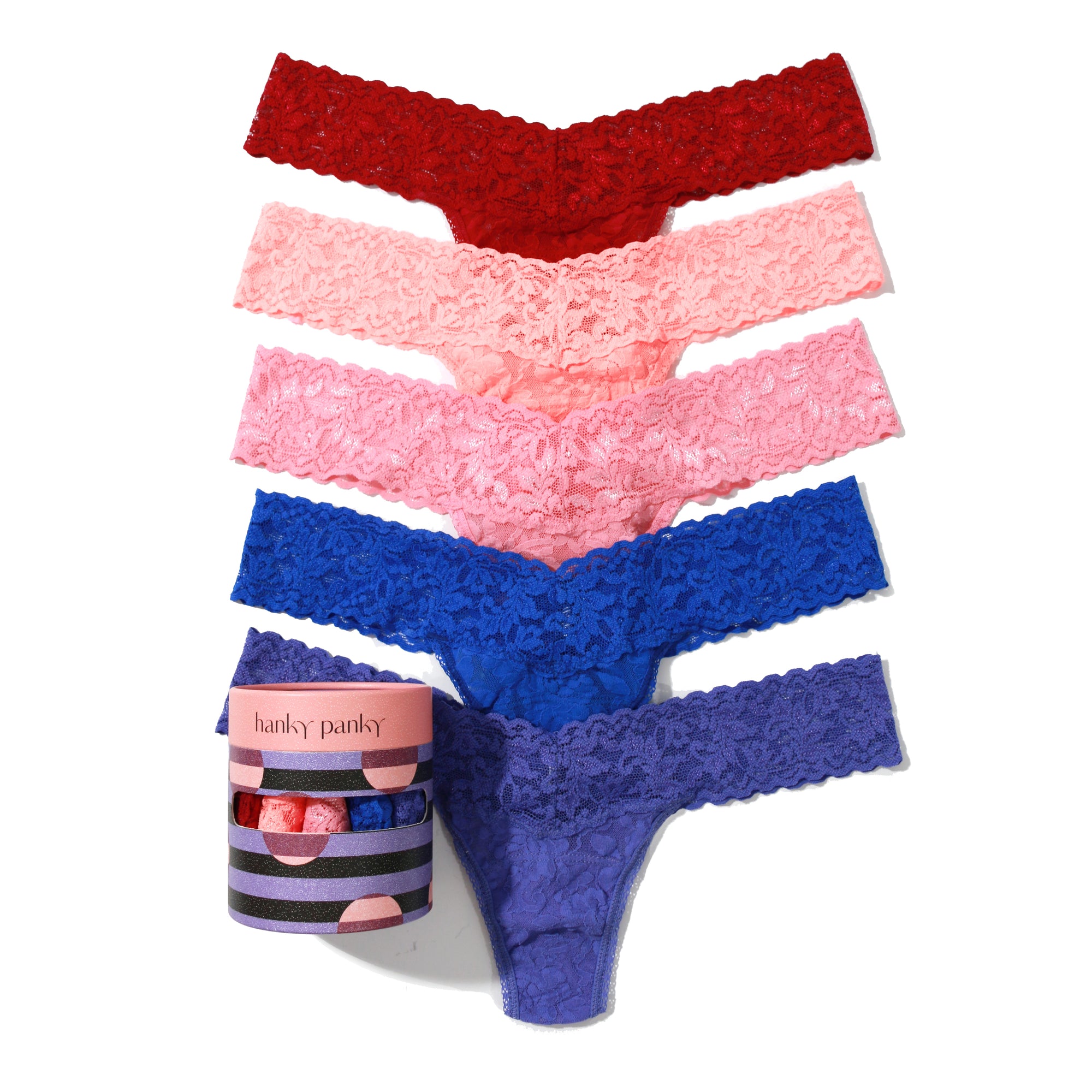 5 Pack Signature Lace Low Rise Thongs | Cranberry/Neon Coral/Pink Lady/Blue Solace/African Violet