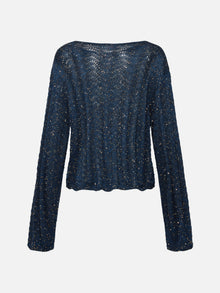 Sequin Embroidery Designer Cropped Knit Top | Navy
