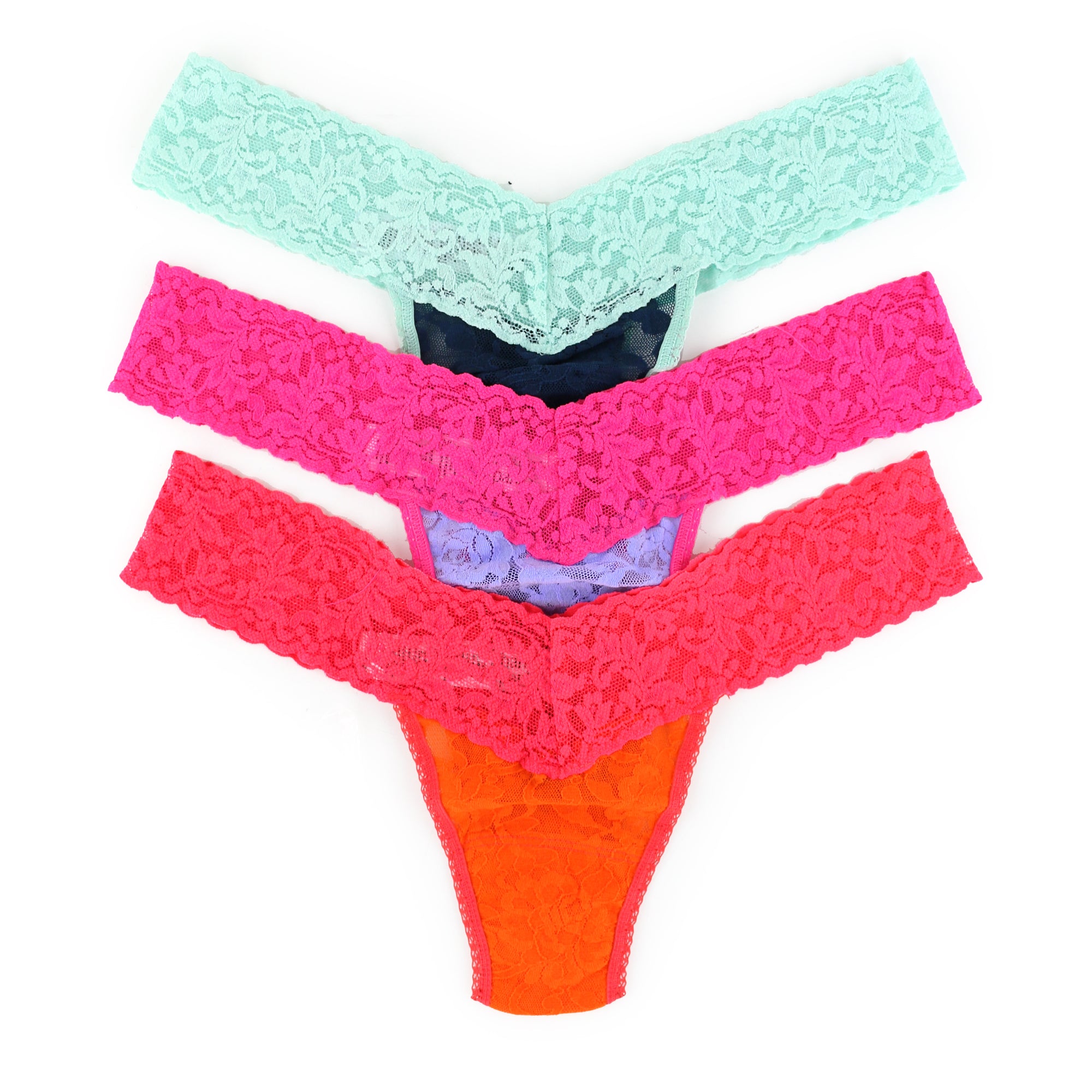 3 Pack Signature Lace Low Rise Thongs | Orsp/Crlg, Nori/Pist, Hyac/Flpk