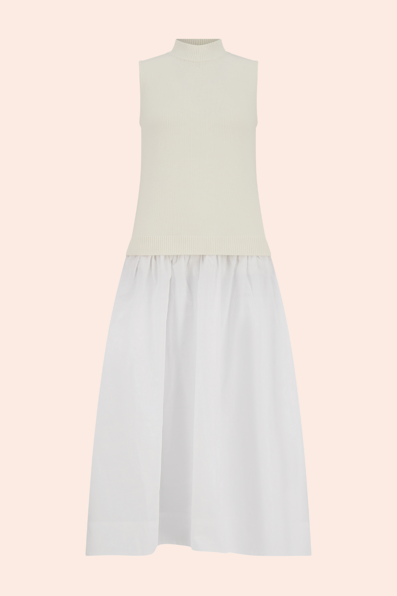 Poplin Combo Midi Knit Dress | Bone