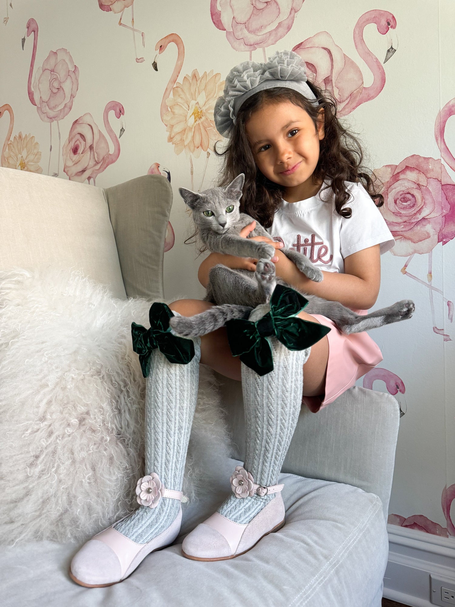 Grey Knee High Socks with Velvet Bows - Petite Maison Kids