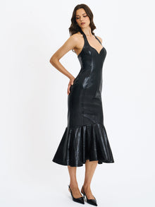 Gardenia Leather Midi Sweetheart Halter Flared Dress | Black