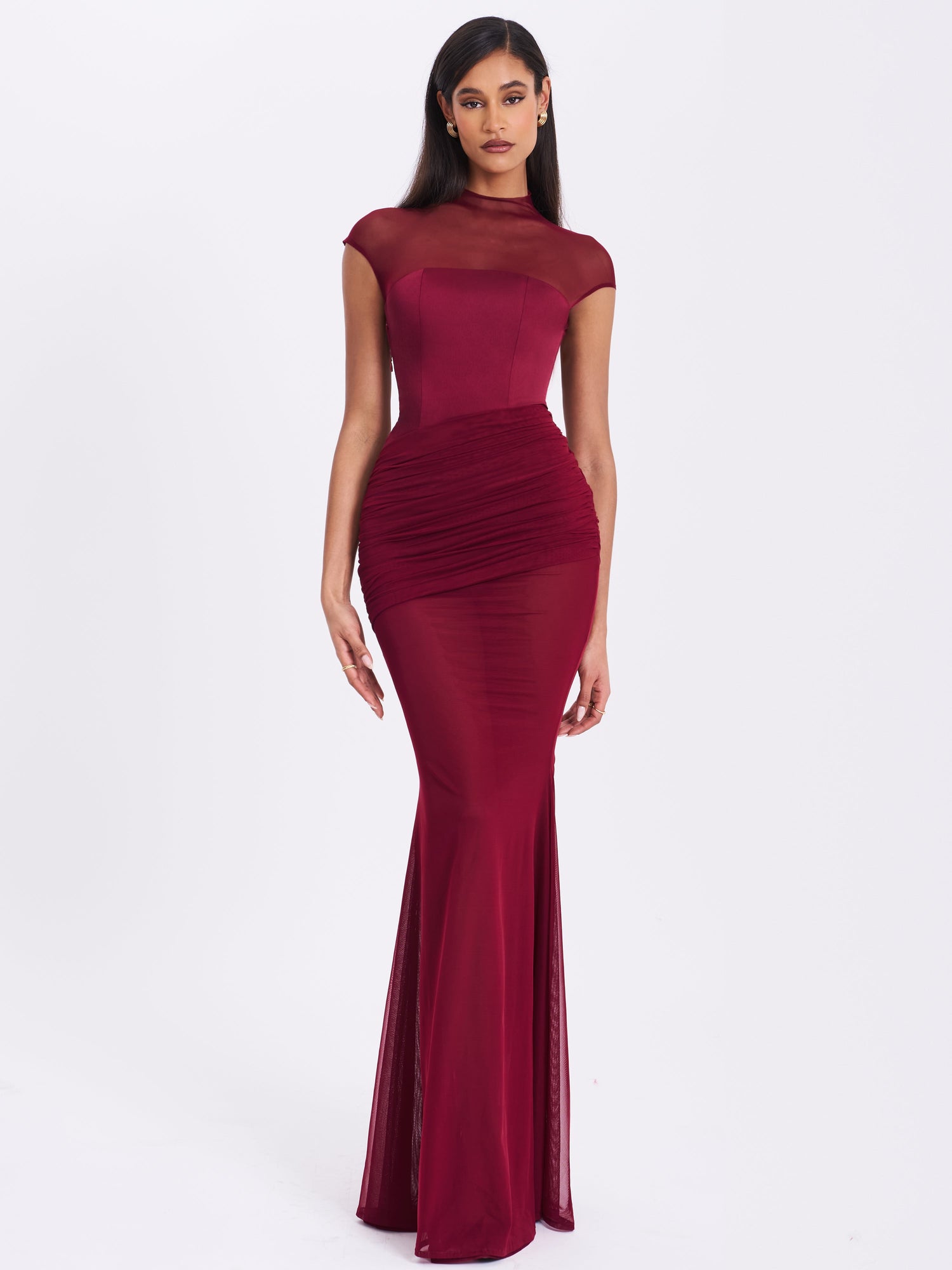 Fabienne Mesh Cap Sleeve Mermaid Gown | Burgundy