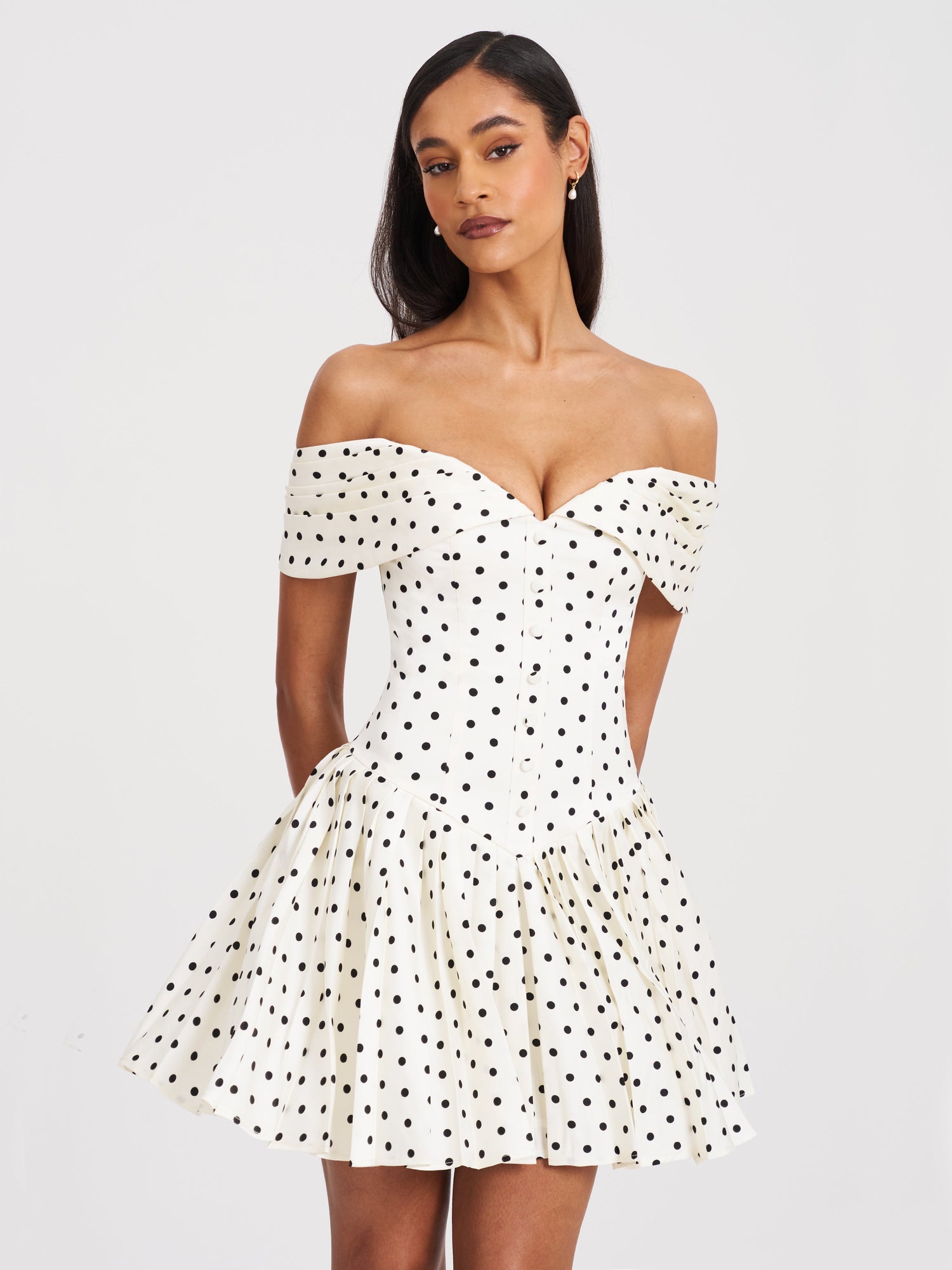 Edeline Polka Dot Off-shoulder Pleated Mini Dress | Black and White Polka Dot