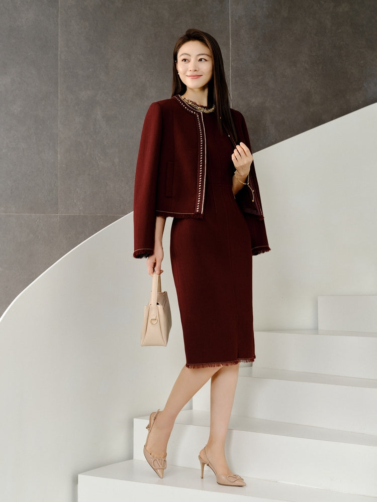 Elegant Pure Wool Dress | Wine Red