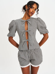 Qutayla Cotton Lace Trim Shorts | Black Gingham
