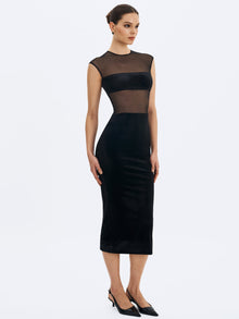 Quielle Mesh and Velvet Midi Bodycon Dress | Black