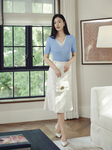 Silk and Acetate V-Neck Color-Blocked Design Dress | Blue