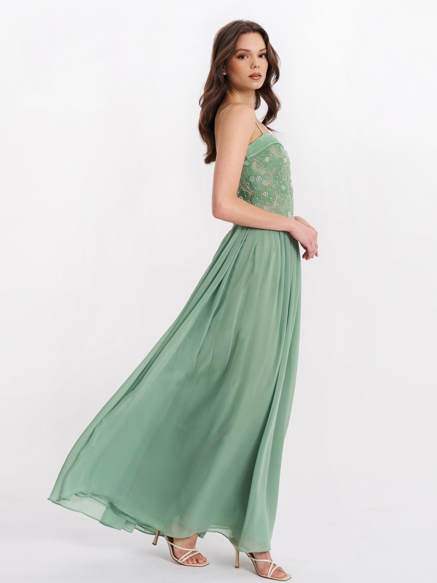 Ucille Embroidered Chiffon Maxi Dress | Sage Green