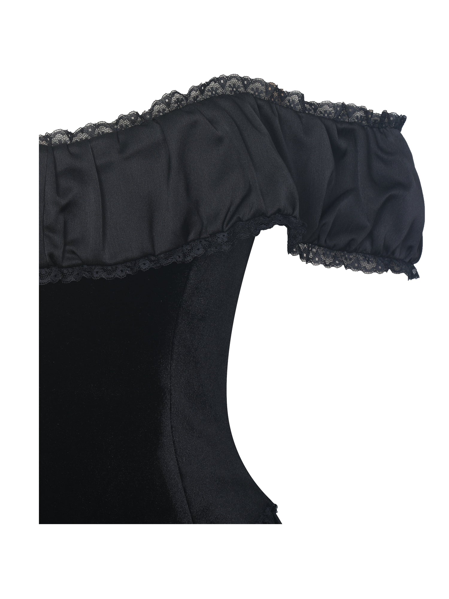 Daisha Lace Trimmed Off-Shoulder Ruched Mini Dress | Black