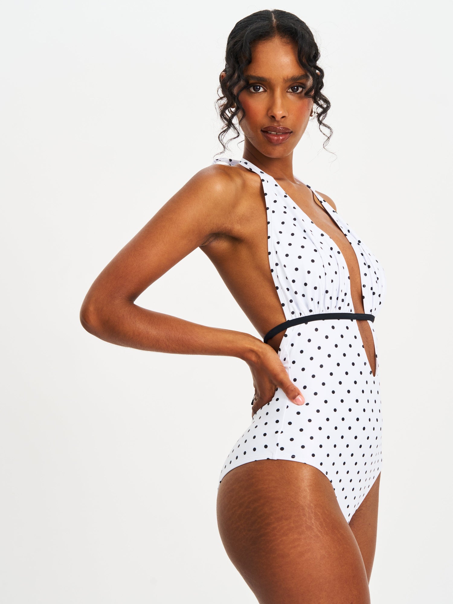 Olive Base Polka Dot Ruched Halter Backless Swimsuit | White