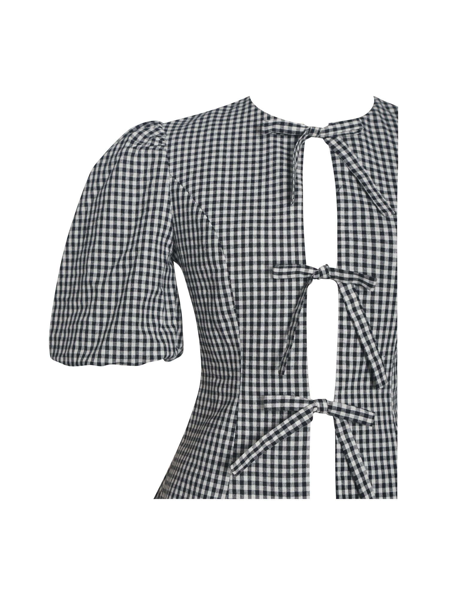 Qusayla Cotton Bubble Sleeve Bowtie Top | Black Gingham