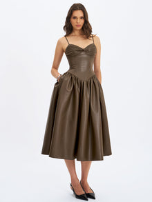 Parisia Vegan Leather Drop Waist Midi Dress | Cocoa