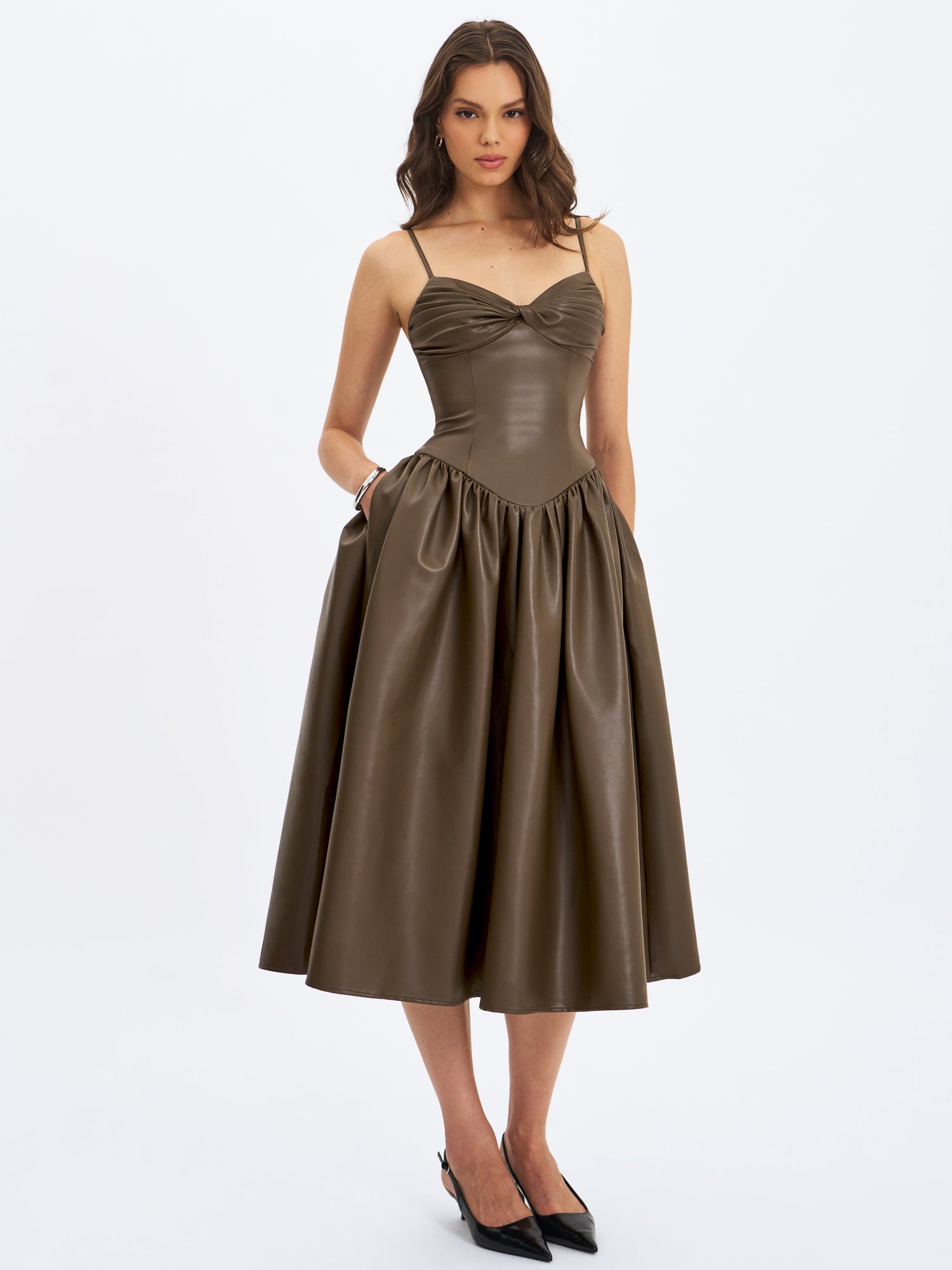 Parisia Vegan Leather Drop Waist Midi Dress | Cocoa