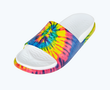 Angled view of a Native Shoes Spencer Lx Print | Shell White/ Shell White/ Neon Multi Tie Dye Footwear