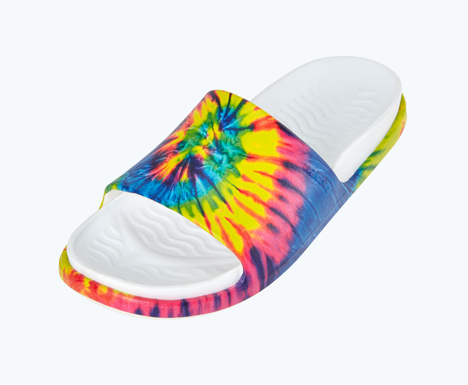 Angled view of a Native Shoes Spencer Lx Print | Shell White/ Shell White/ Neon Multi Tie Dye Footwear