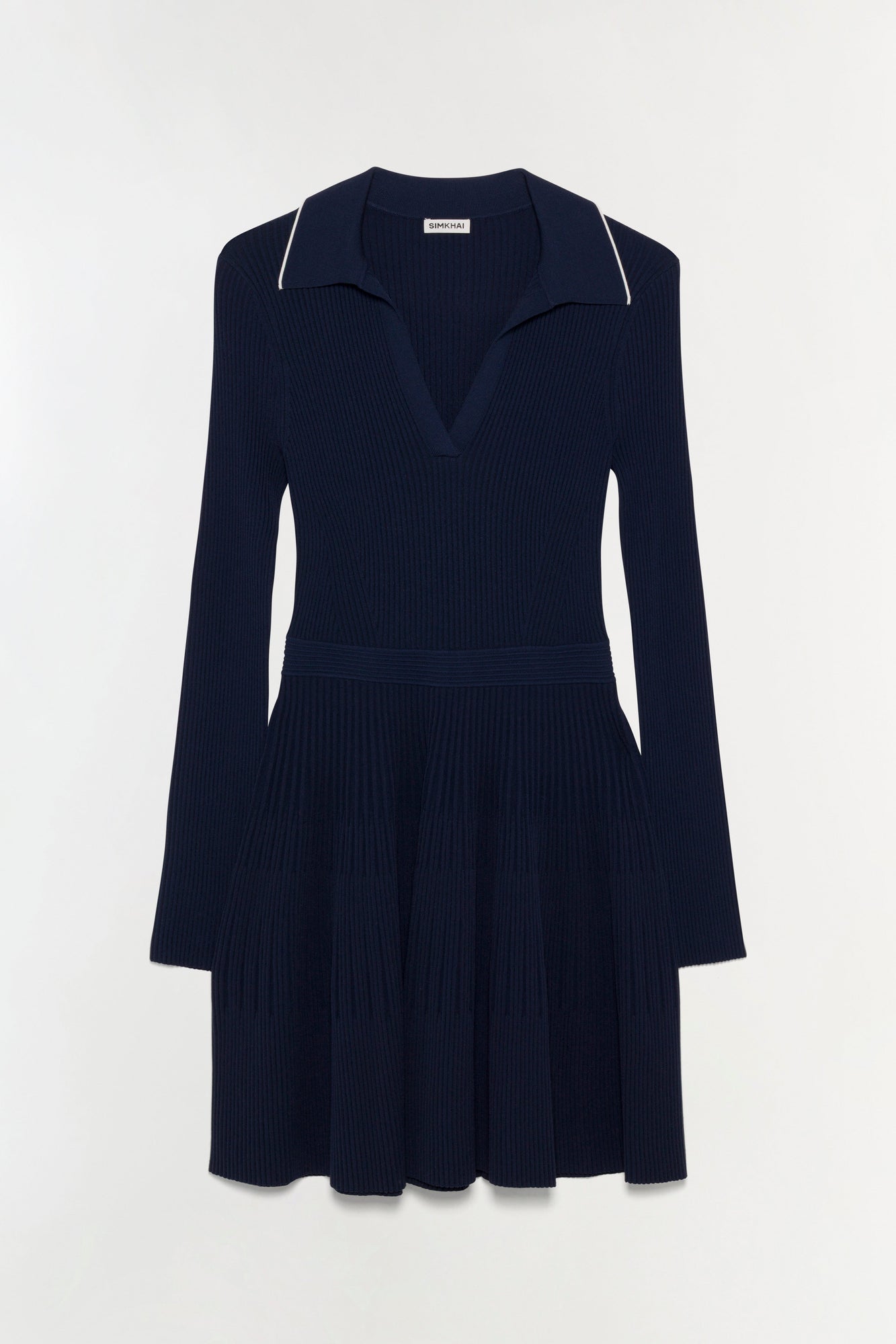 Navy ribbed knit mini dress with collared neckline and long sleeves.