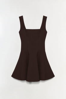 Black sleeveless mini dress with square neckline and pleated A-line skirt.
