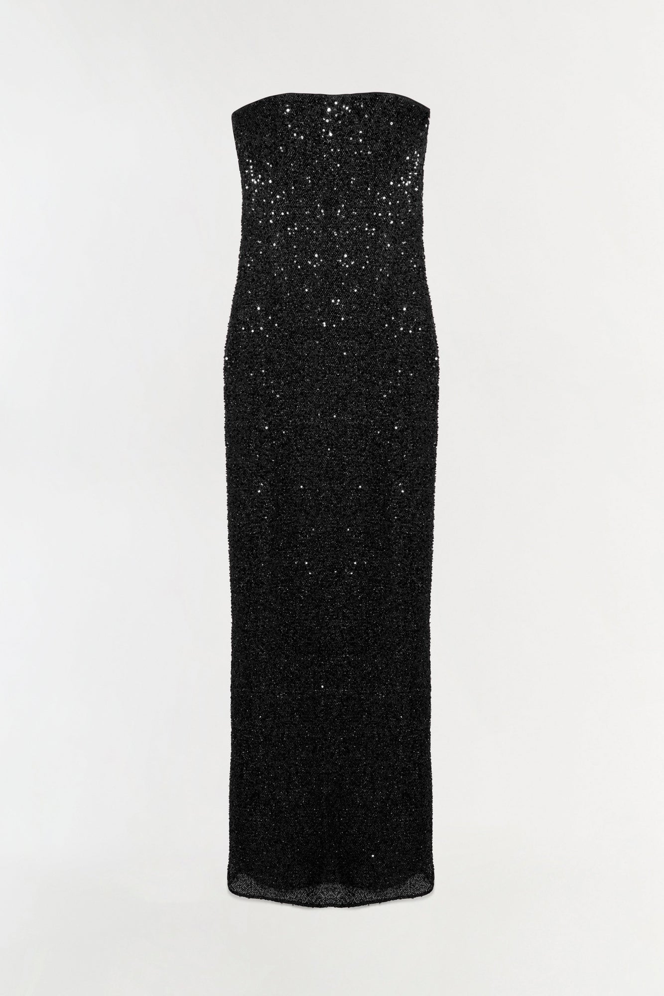 Black sequin strapless gown with floor-length silhouette and fitted bodice.