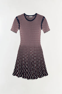 Navy and burgundy ribbed knit mini dress with short sleeves and button shoulders.