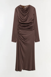Brown satin midi dress with long sleeves, cowl neckline, and ruched side detailing.