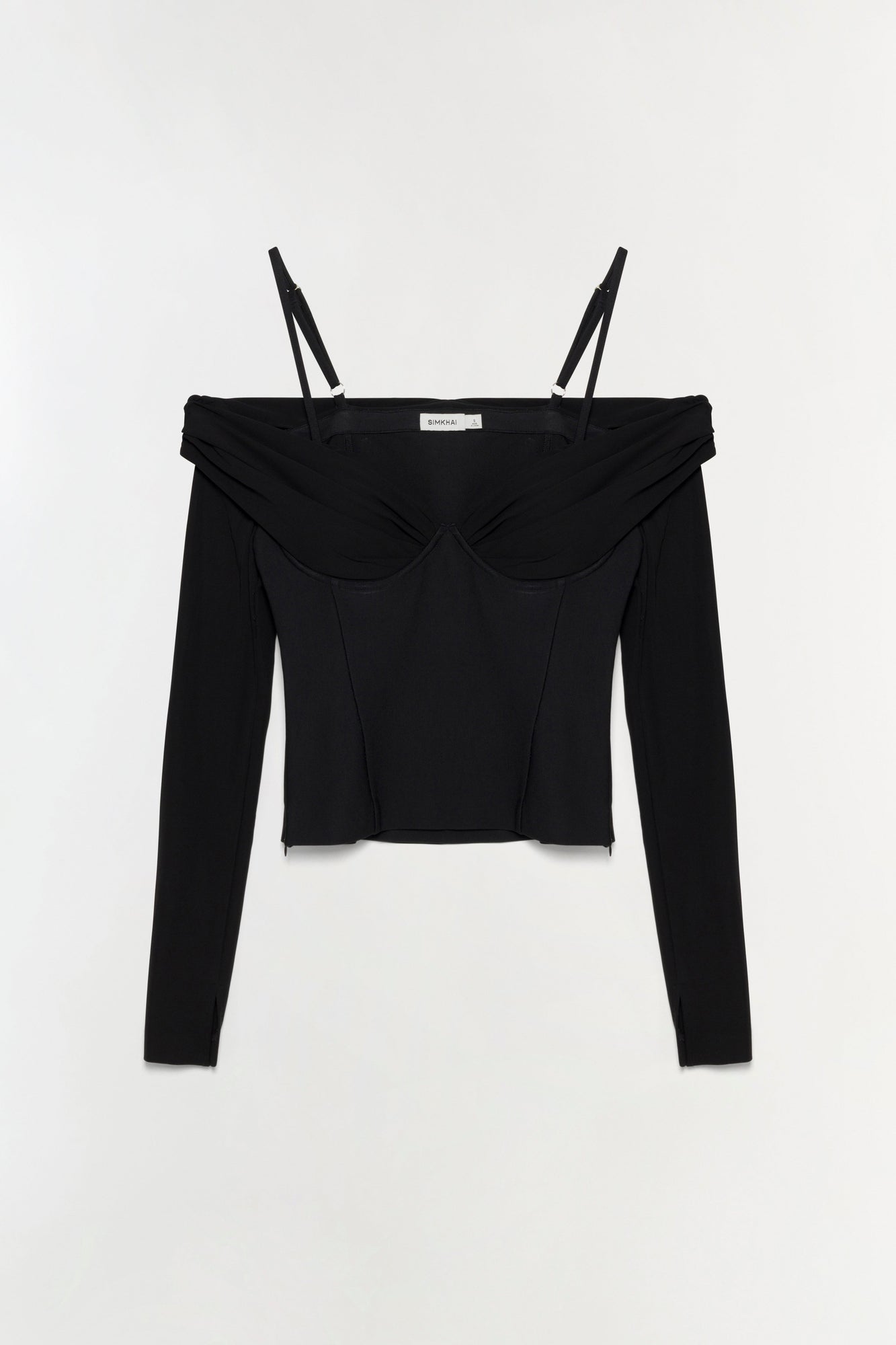 Black off-shoulder top with long sleeves, adjustable straps, and ruched sweetheart neckline.