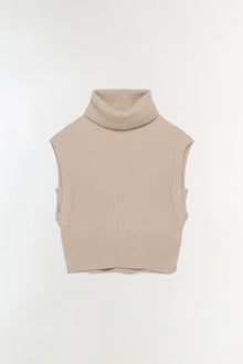 Beige ribbed sleeveless turtleneck top with a cropped silhouette.