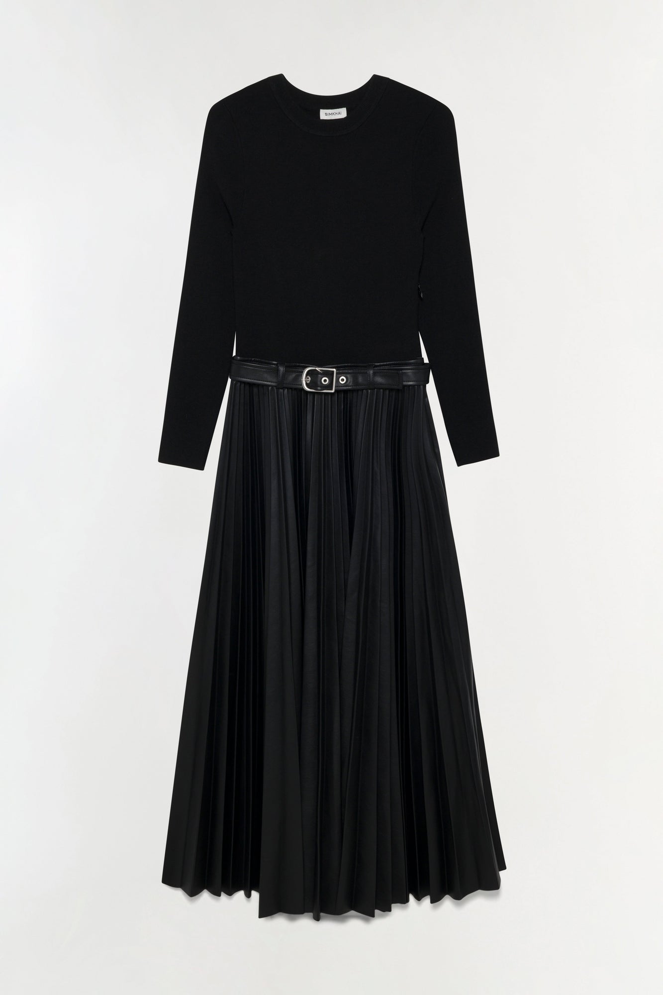 Black midi dress with long sleeves, knit top, pleated skirt, and black belted waist.