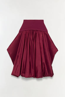 Burgundy midi skirt with knit waistband and voluminous taffeta gathered skirt portion.