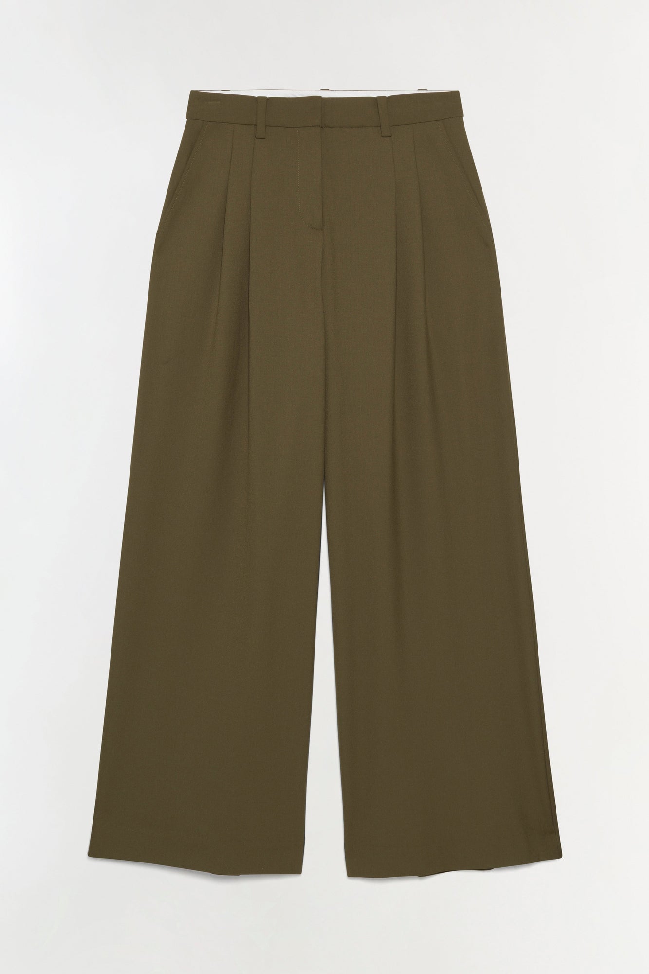 Olive green wide leg pants with pleated front and flat waistband.