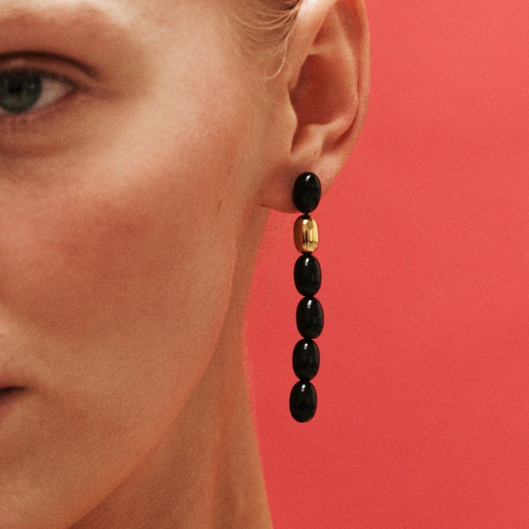 Edith Earrings | 18K Gold PVD Plated Stainless Steel/Black Resin Beads