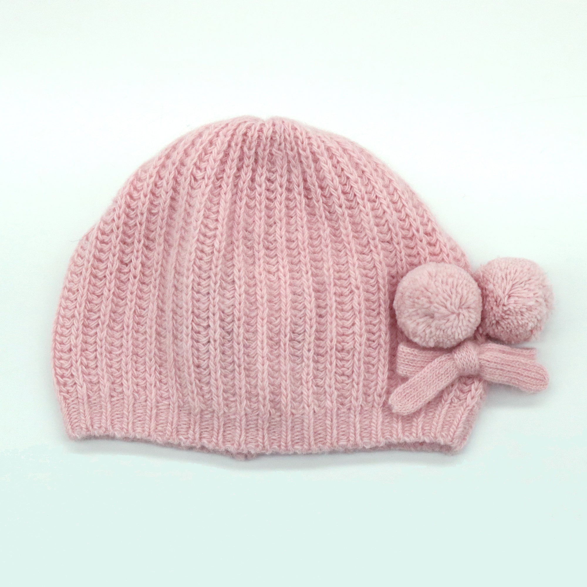 Kids | Cashmere Knit Hat with Poms | Baby Pink