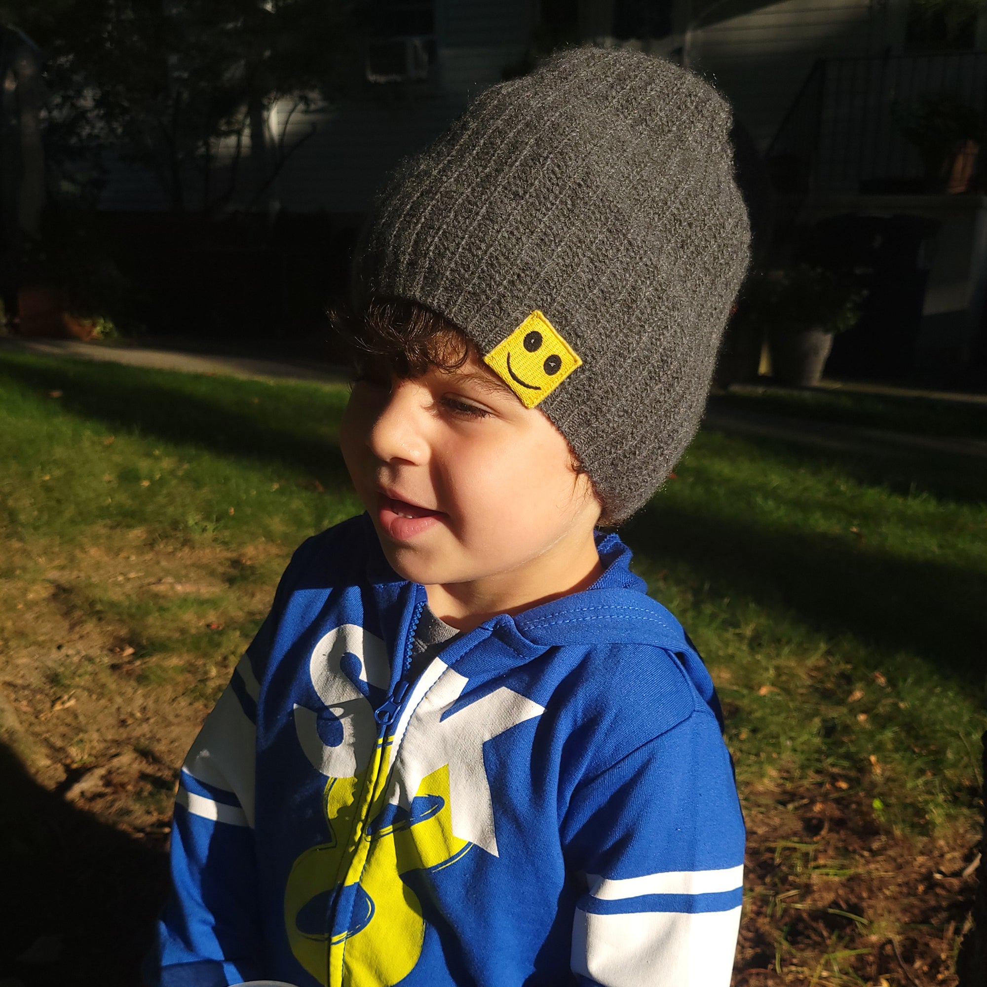Kids | Cashmere Slouchy Hat with Mood Emoticon | Medium Grey