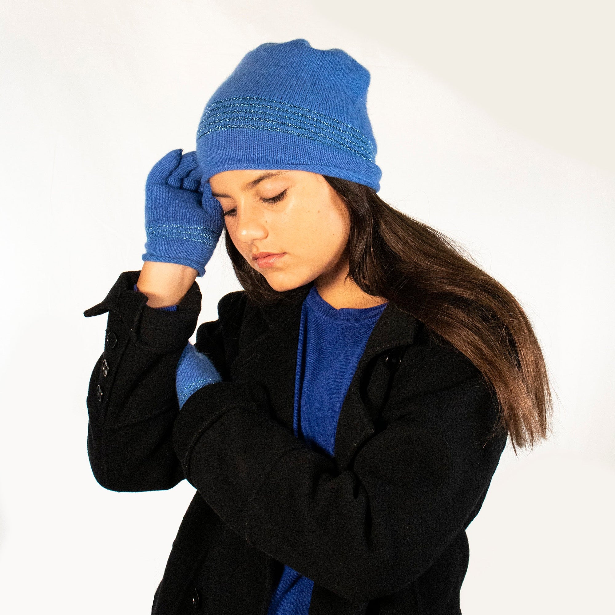 Kids Cashmere Hat With Lurex Stripes | Cobalt Blue