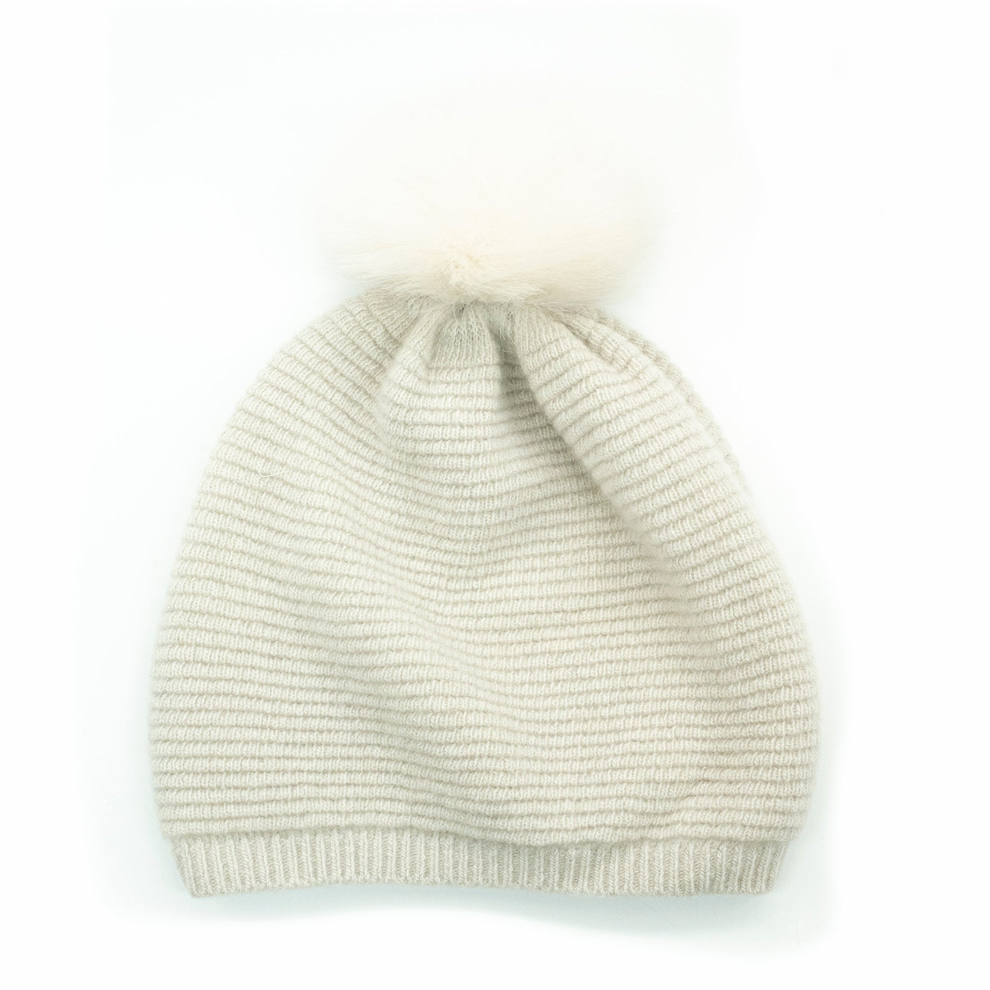 Cashmere Slouchy Ribbed Beanie With Pom | Ivory