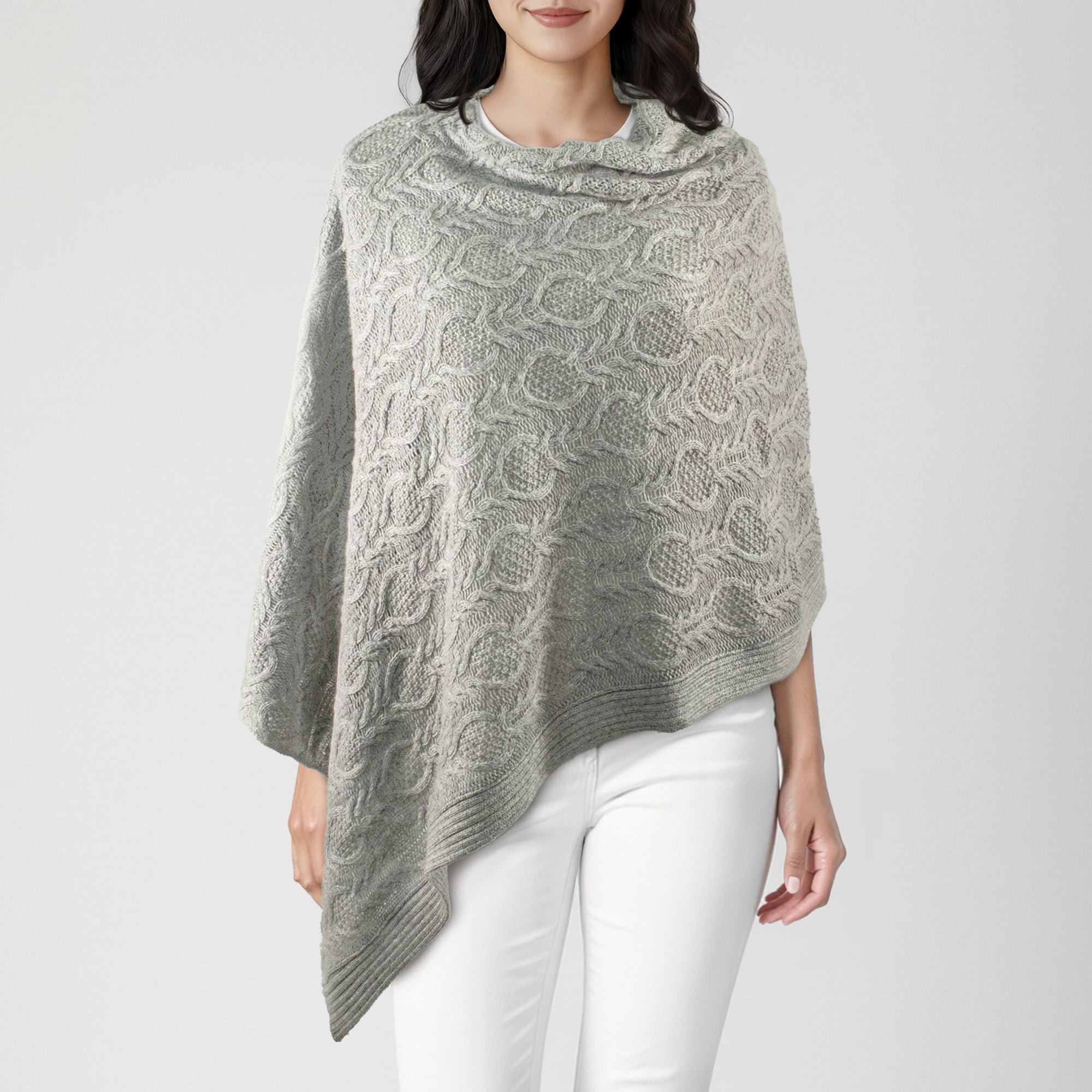 Womens | Cowlneck Poncho In Cable Design | Light Grey