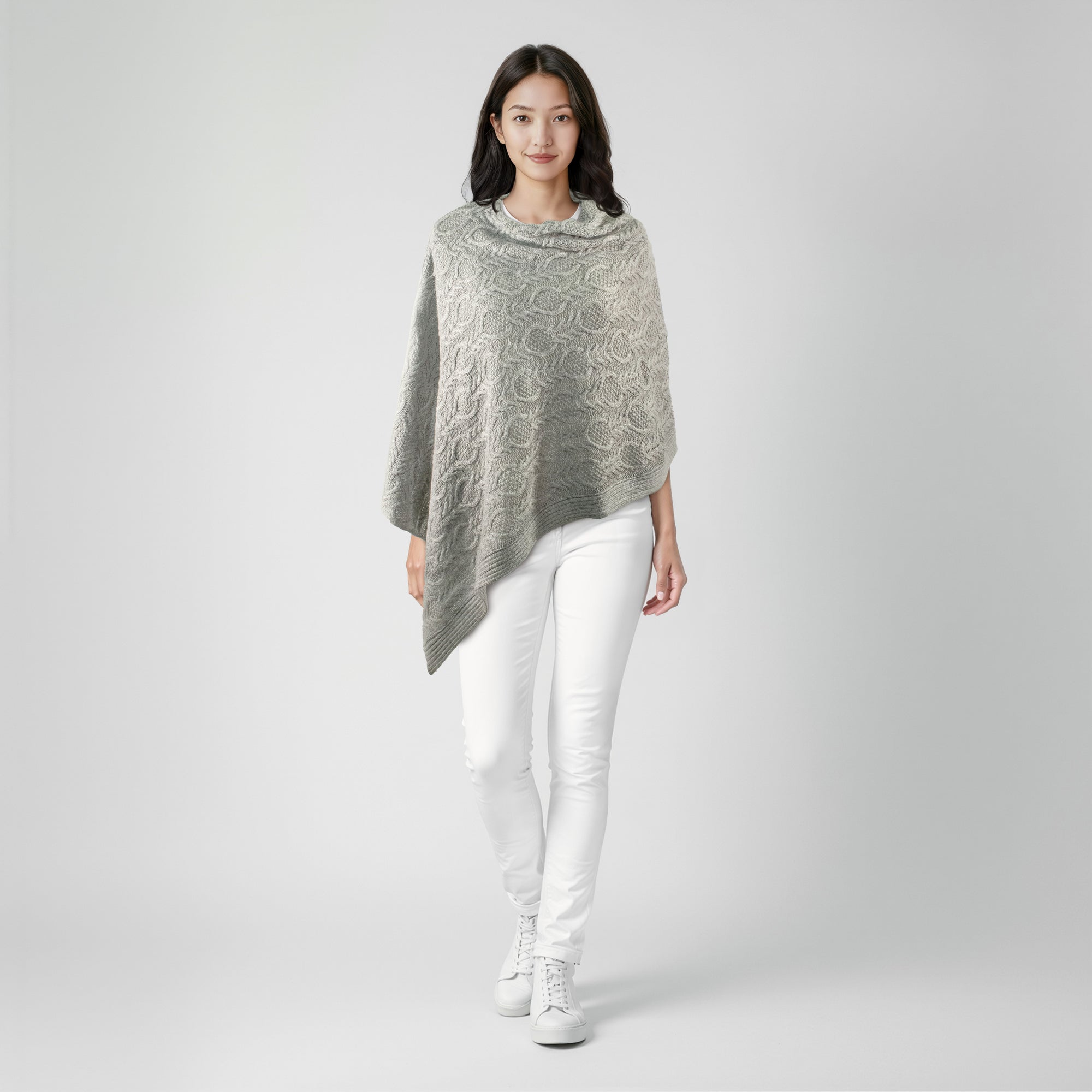 Womens | Cowlneck Poncho In Cable Design | Light Grey