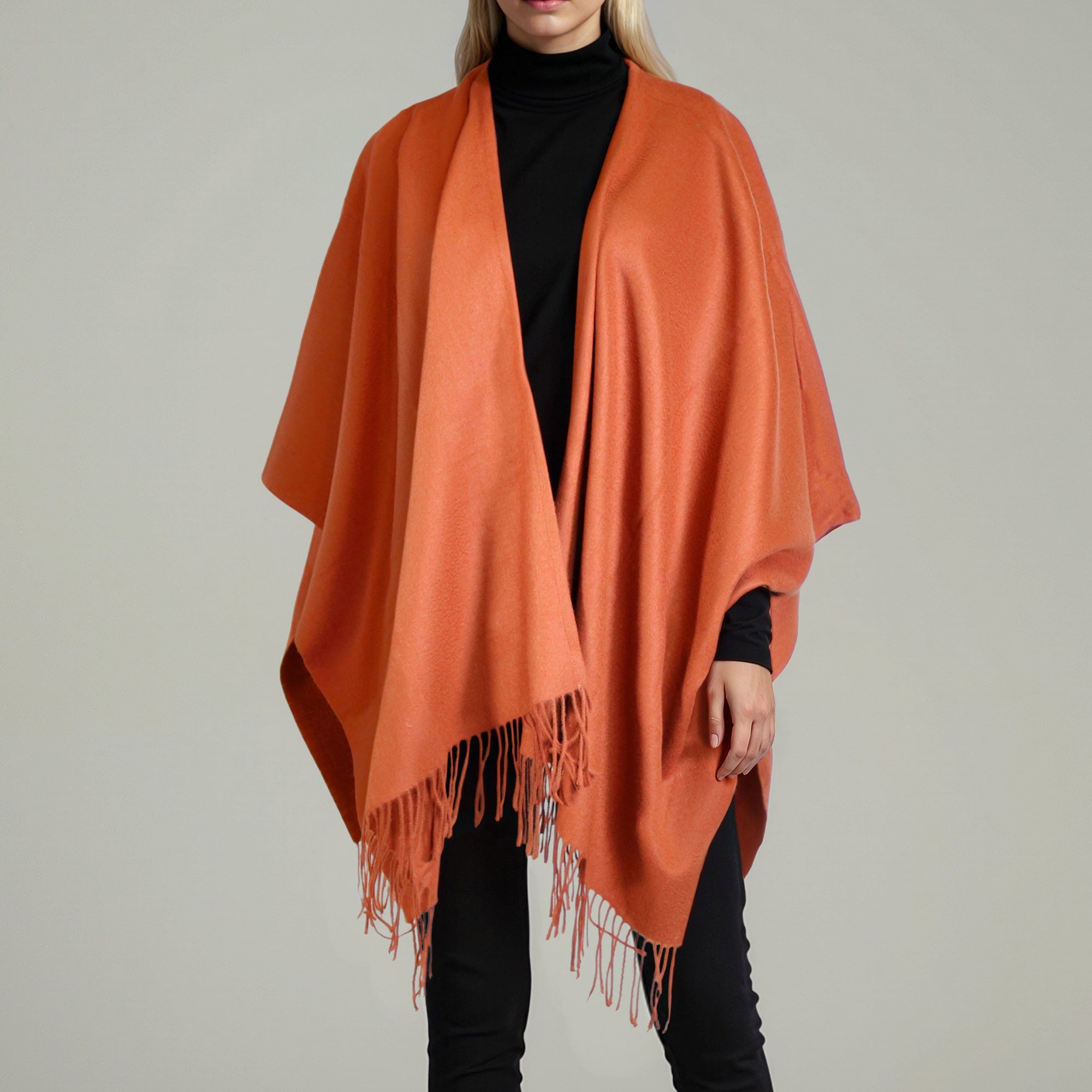Womens | Wool Ruana with Fringes | Spice