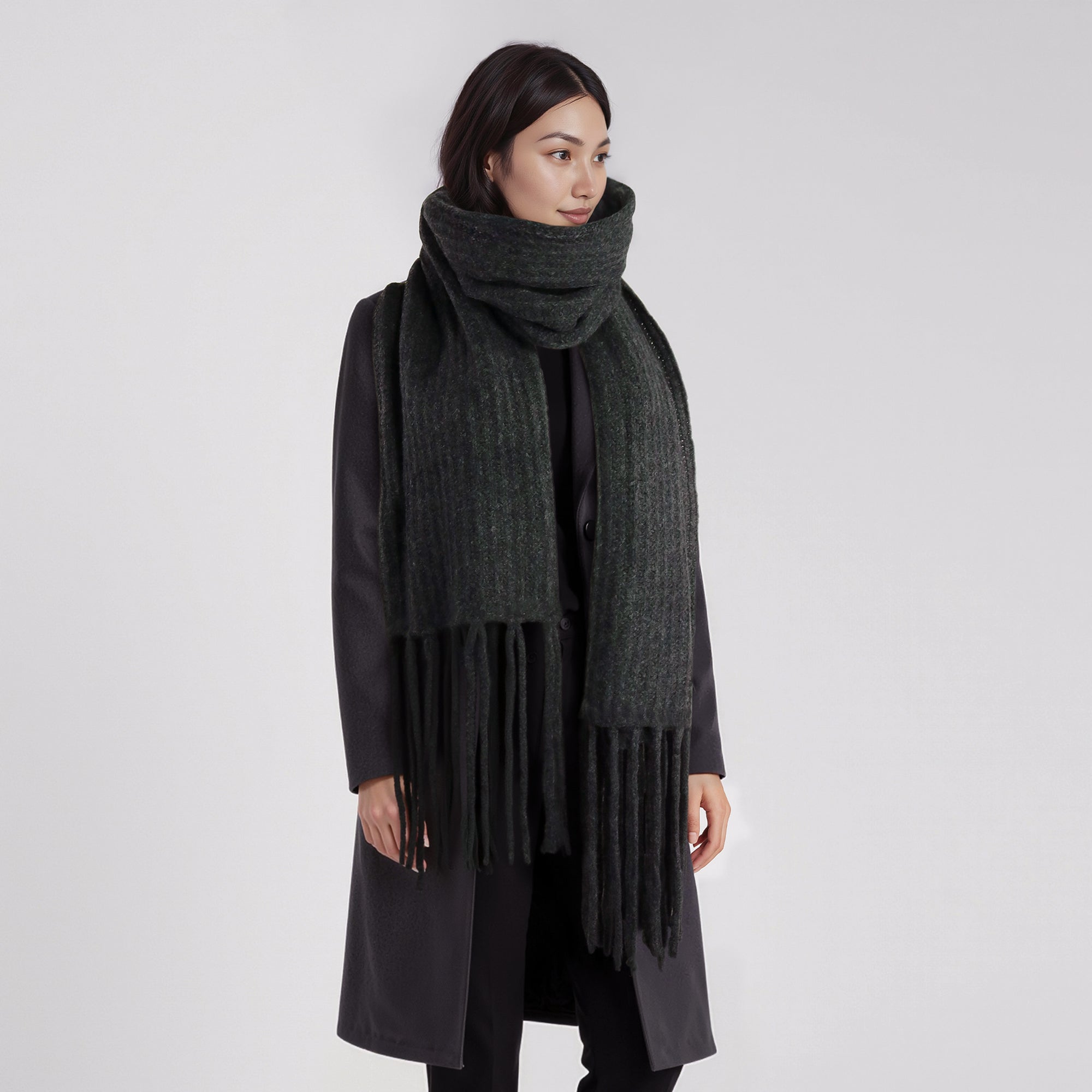 Womens | Chunky Ribbed Wrap with Fringes | Charcoal