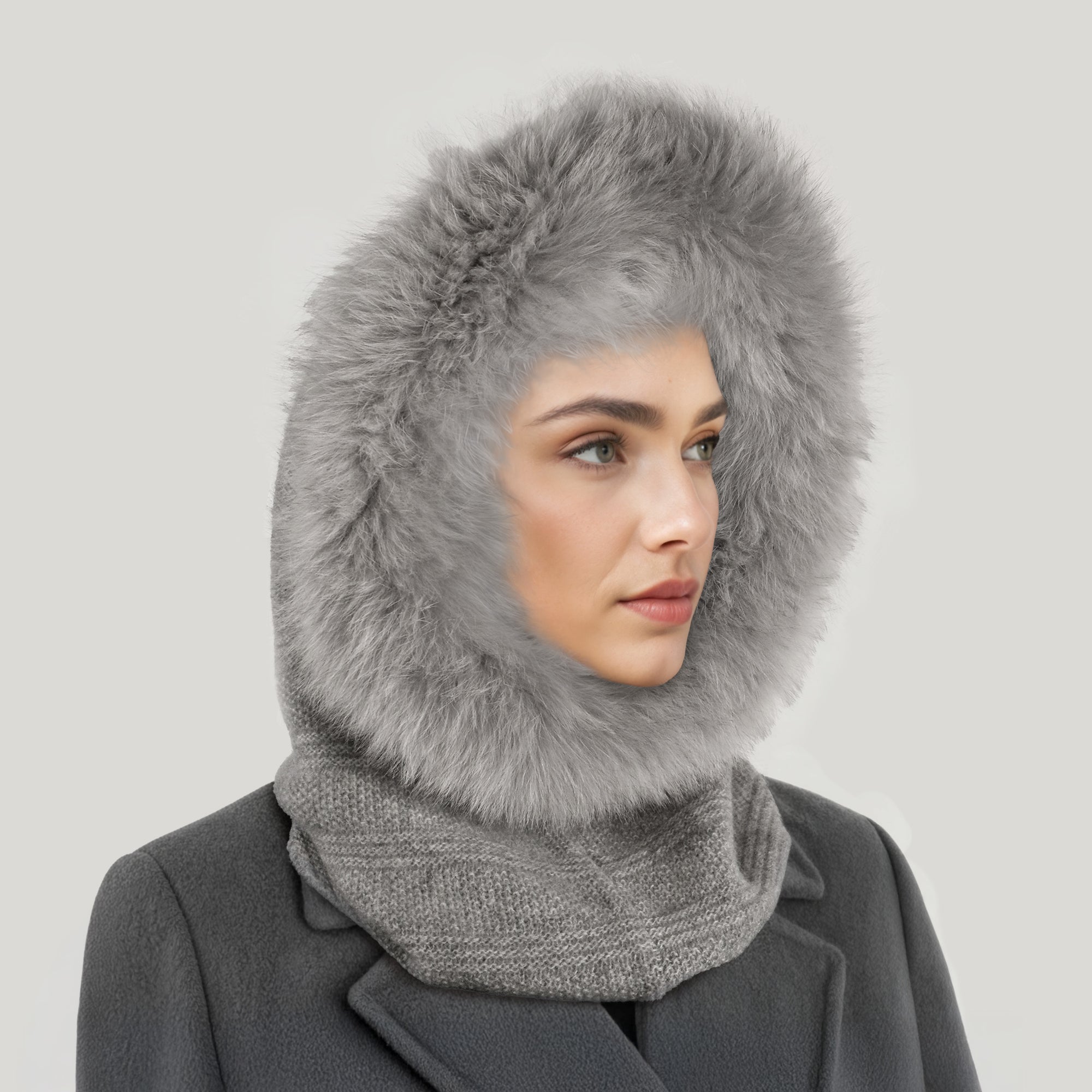 Womens | Cashmere Hood with Fur | Light Grey