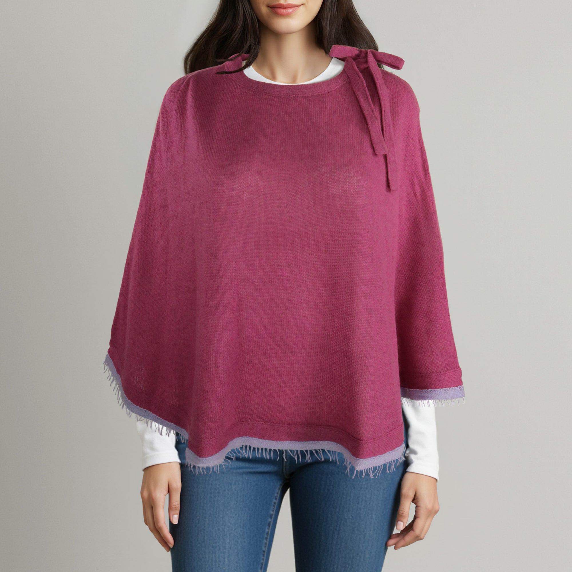 Womens | Poncho with Eyelash Fringes And Bow | Glicine/Lilac