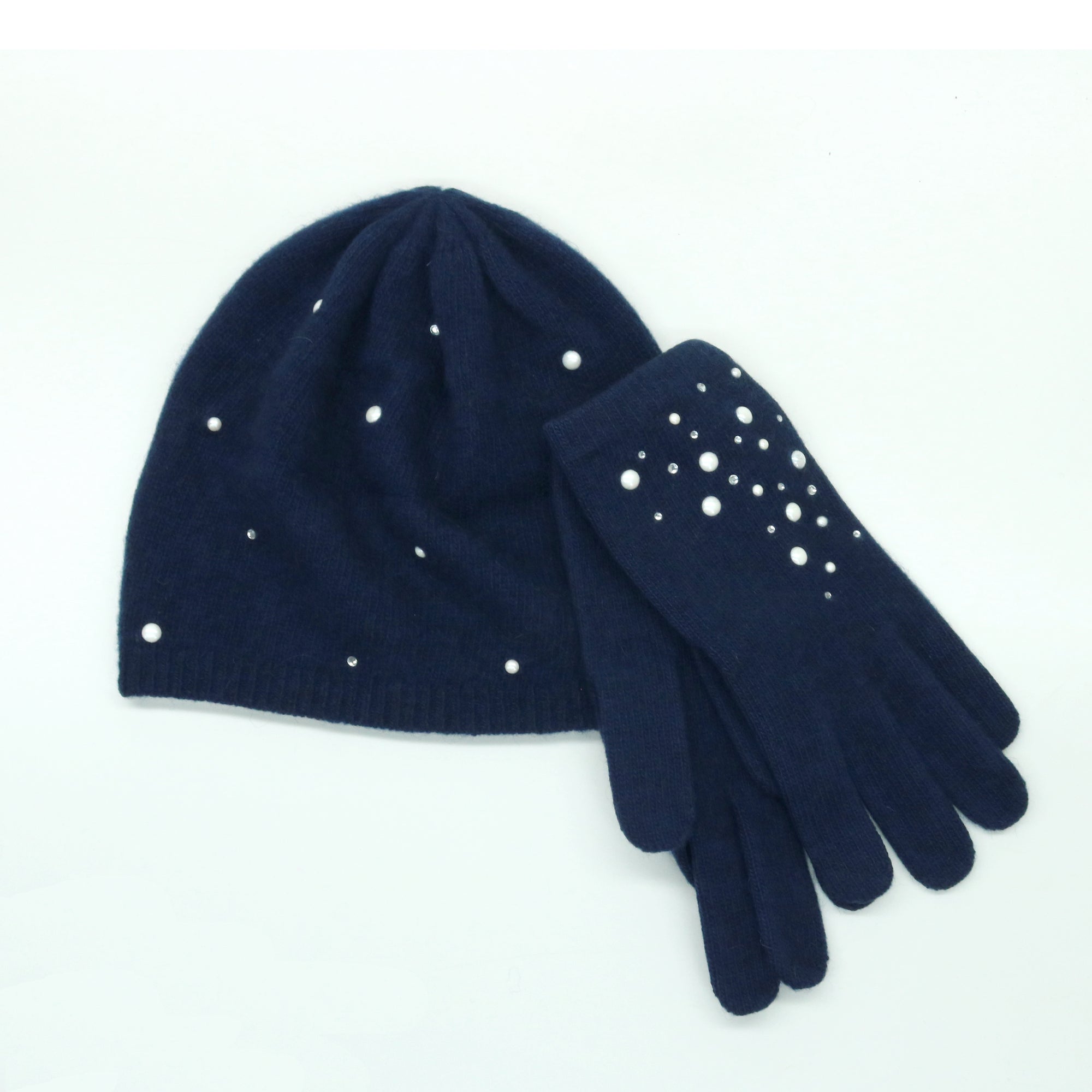Womens | Cashmere Beanie with Pearls And Crystals | Classic Navy