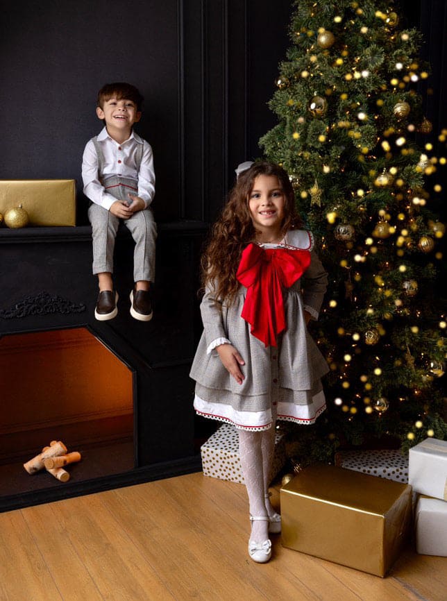 Girl | Georgina Tartan Print Dress with Bow | White x Black x Red