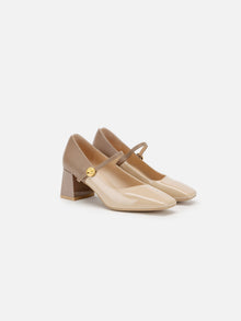 Color-Blocked Chunky Heel Mary Janes | Beige