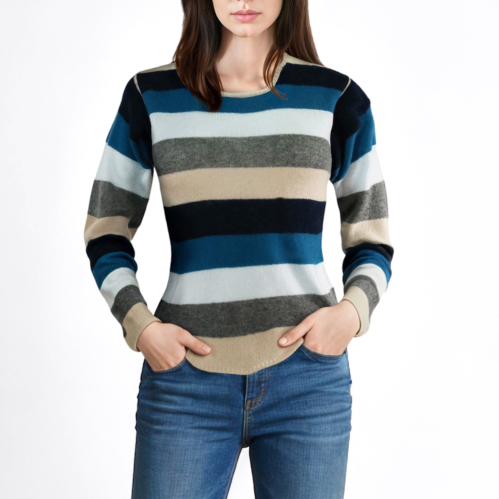 Womens | Cashmere Sweater In Multi Stripes | Blue Combo