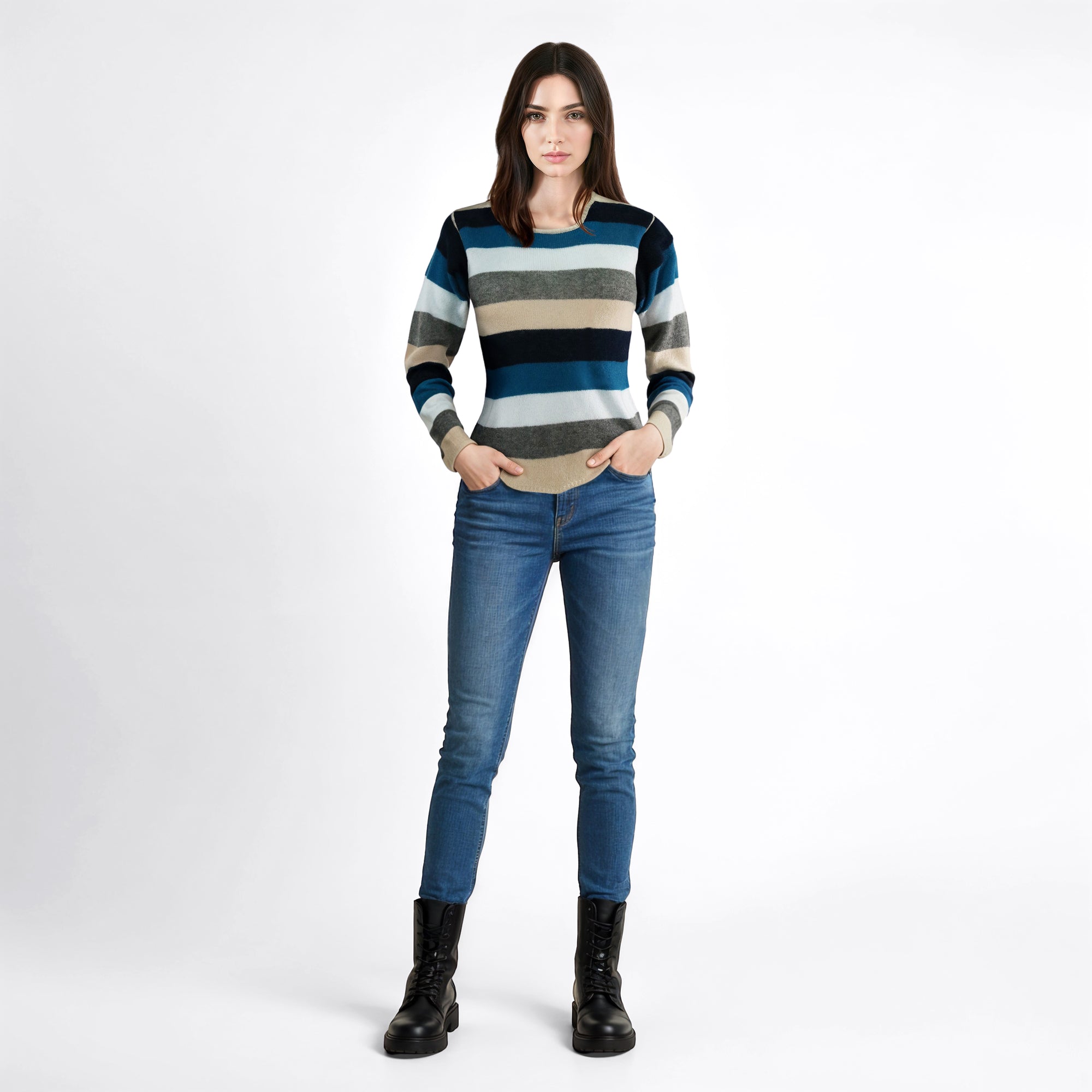 Womens | Cashmere Sweater In Multi Stripes | Blue Combo