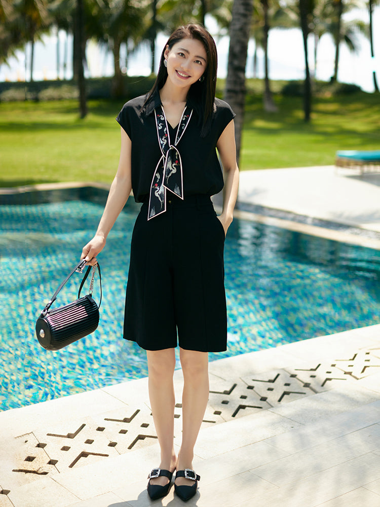 convertible collar mulberry silk blouse | Black