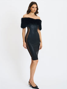 Bellis Fur Trim Mesh Panel Off-Shoulder Midi Dress | Black