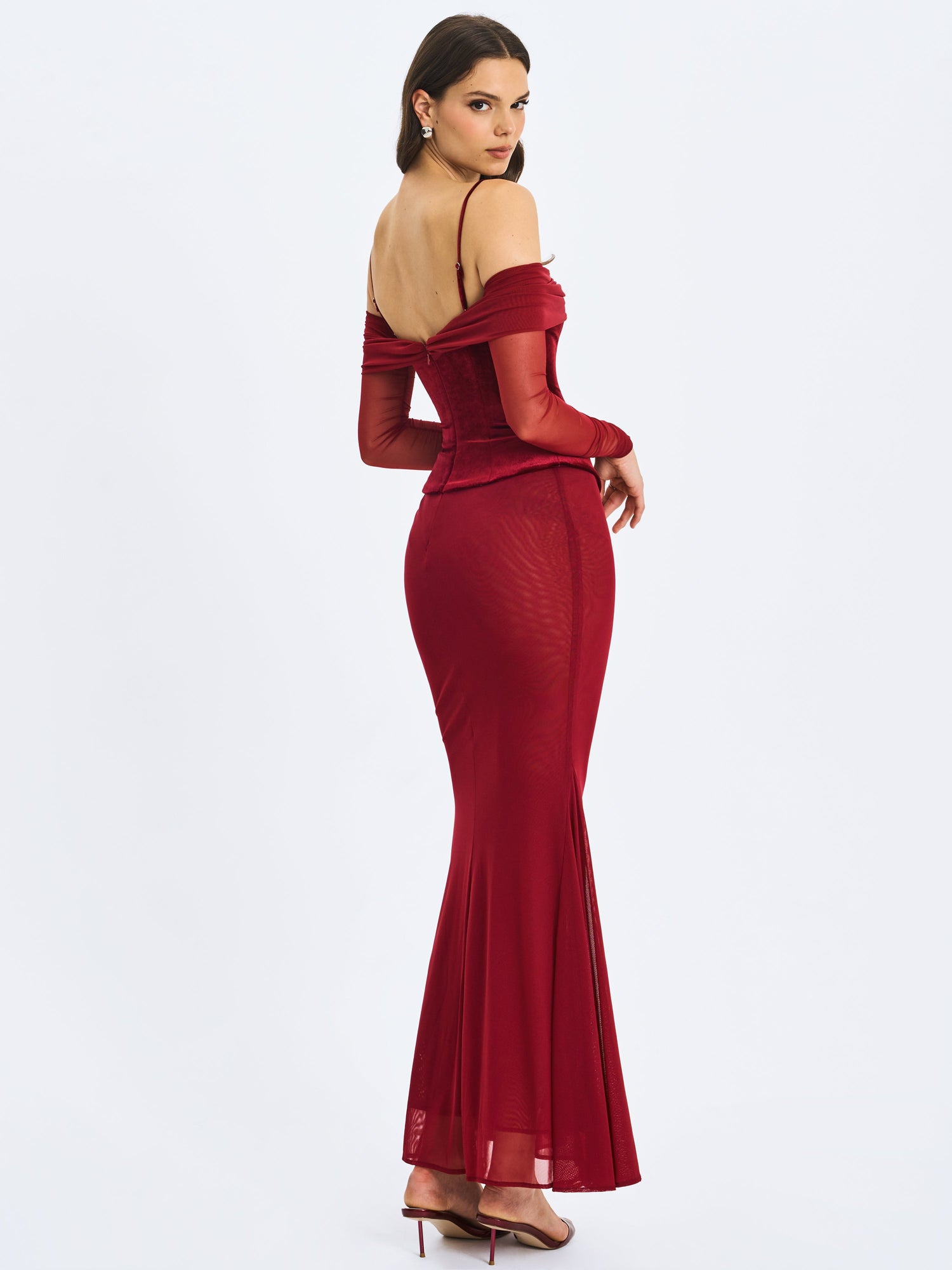 Maybelle Bardot Lace Strap Peplum Maxi Dress | Magenta